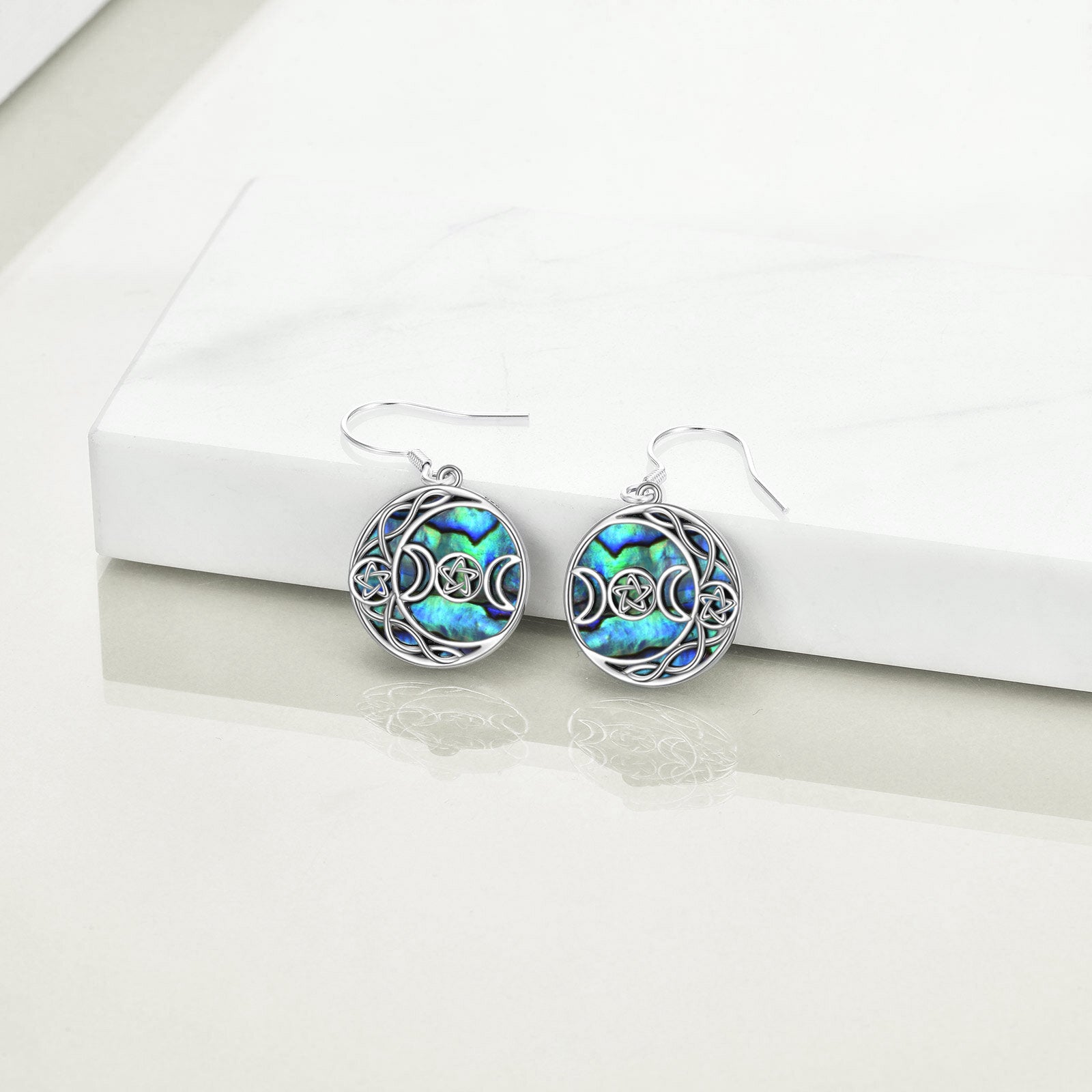 Sterling Silver Circular Shaped Abalone Shellfish Celtic Spiral Knot & Moon & Star Of David Drop Earrings