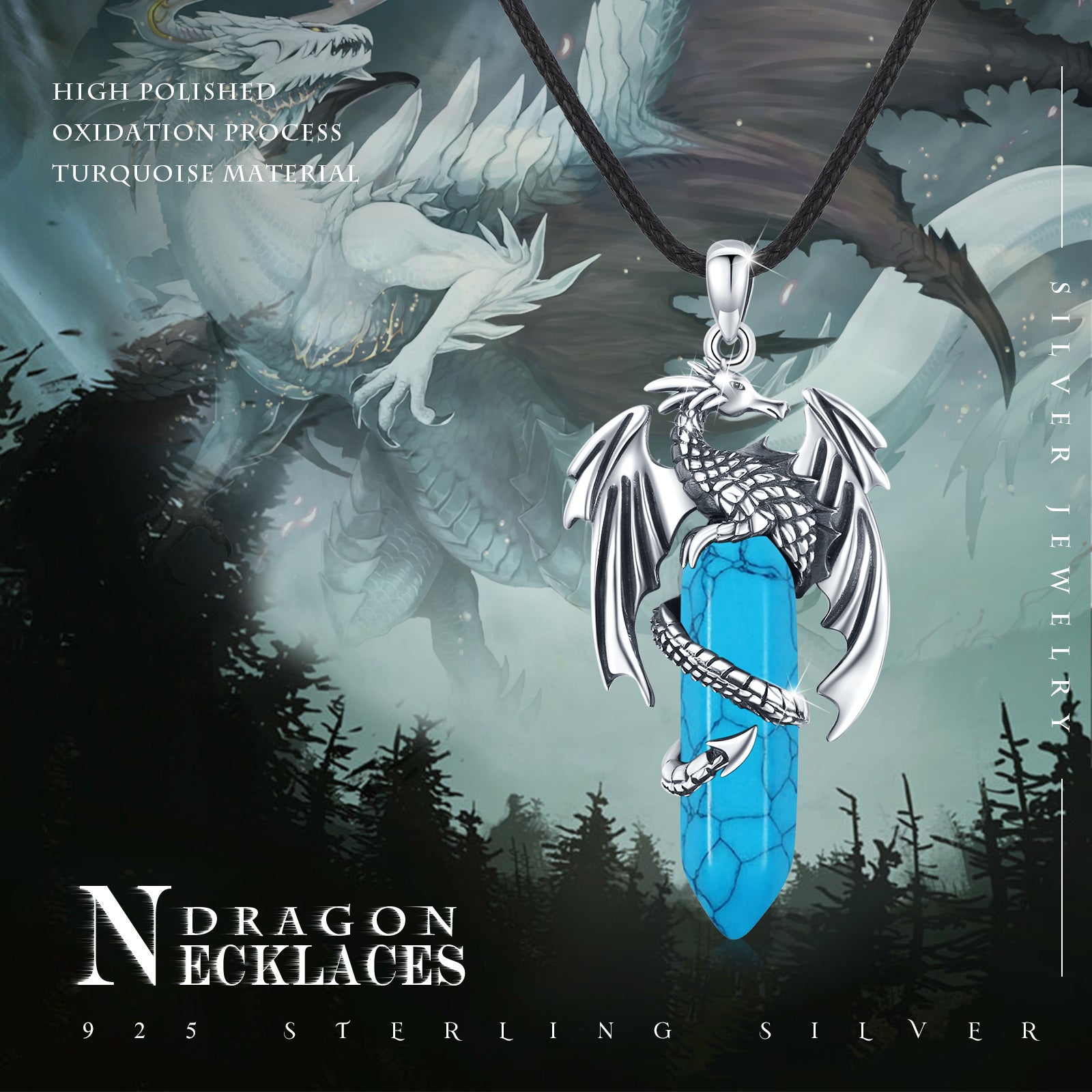 Sterling Silver Turquoise Dragon Pendant Necklace