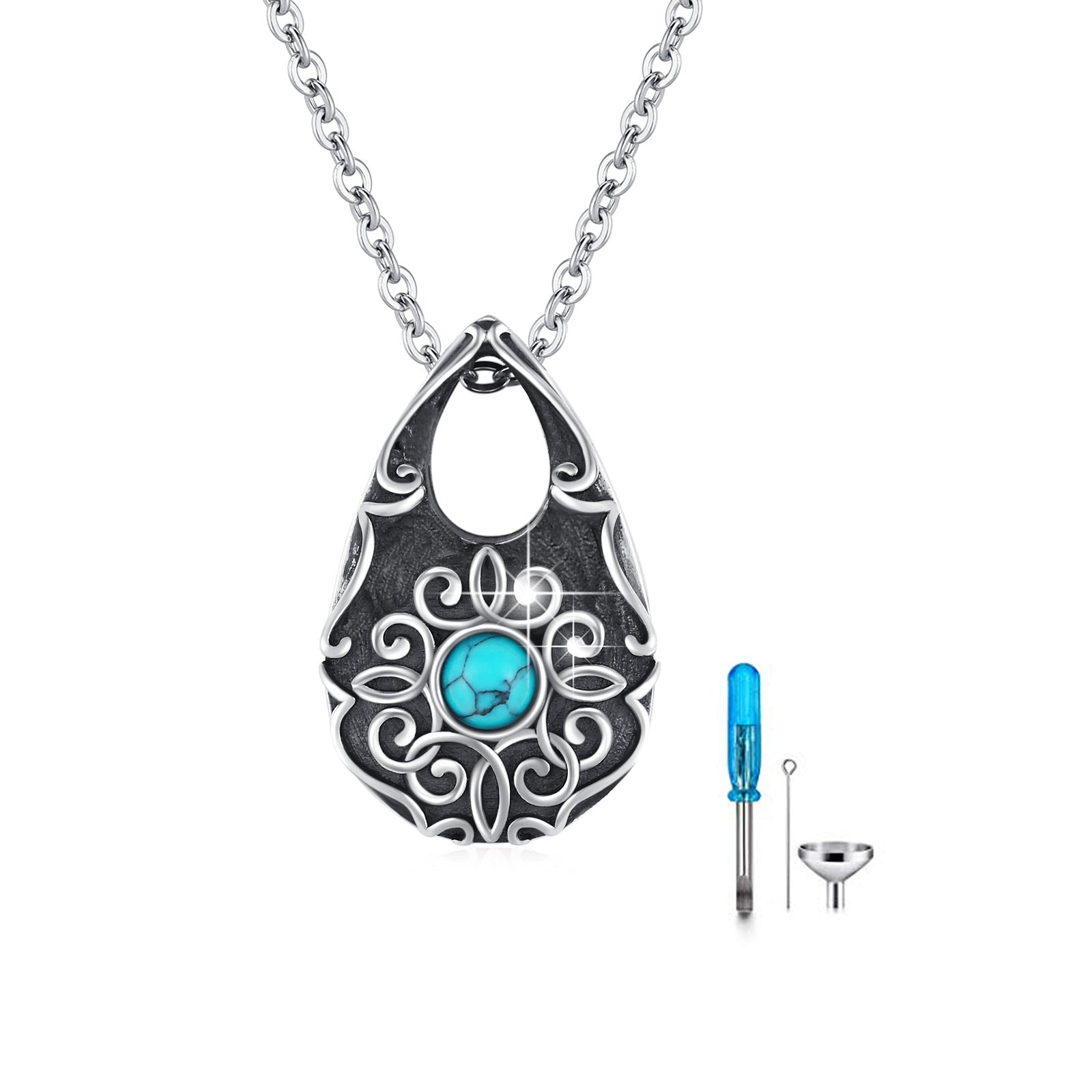 Sterling Silver Turquoise Drop Shape Urn Necklace for Ashes with Engraved Word