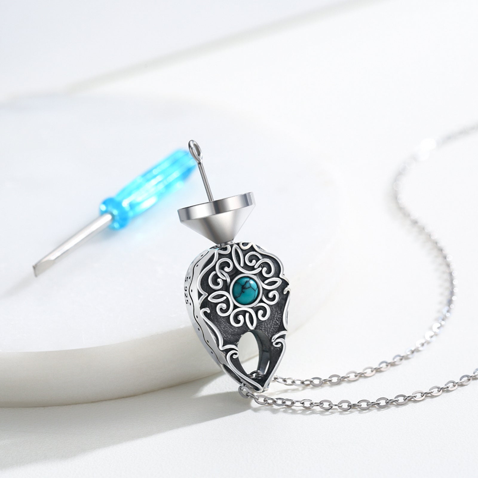 Sterling Silver Turquoise Drop Shape Urn Necklace for Ashes with Engraved Word