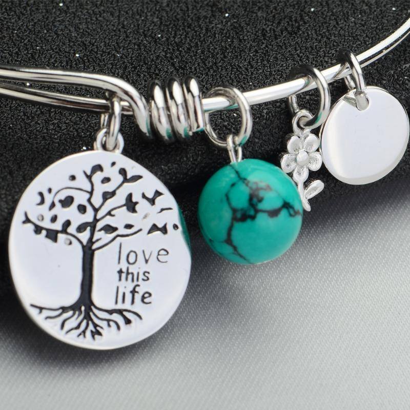 Sterling Silver Turquoise Tree Of Life Pendant Bangle with Engraved Word