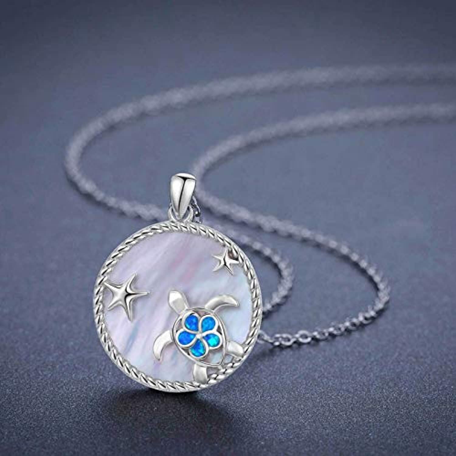 Sterling Silver Opal Sea Turtle & Starfish Pendant Necklace
