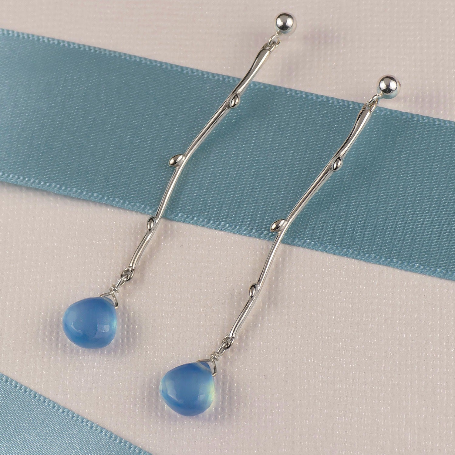 Sterling Silver Twig & Aquamarine Drop Earrings