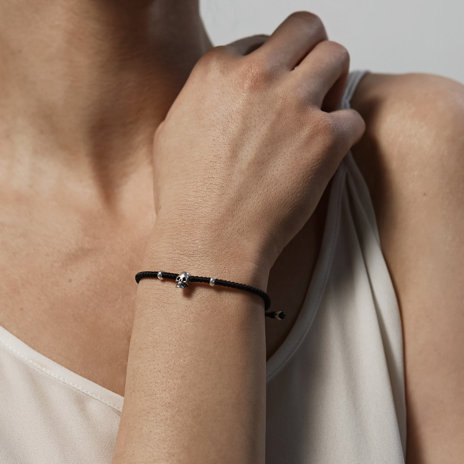 Sterling Silver & Vegan Cord Skull Black Bracelet For Women