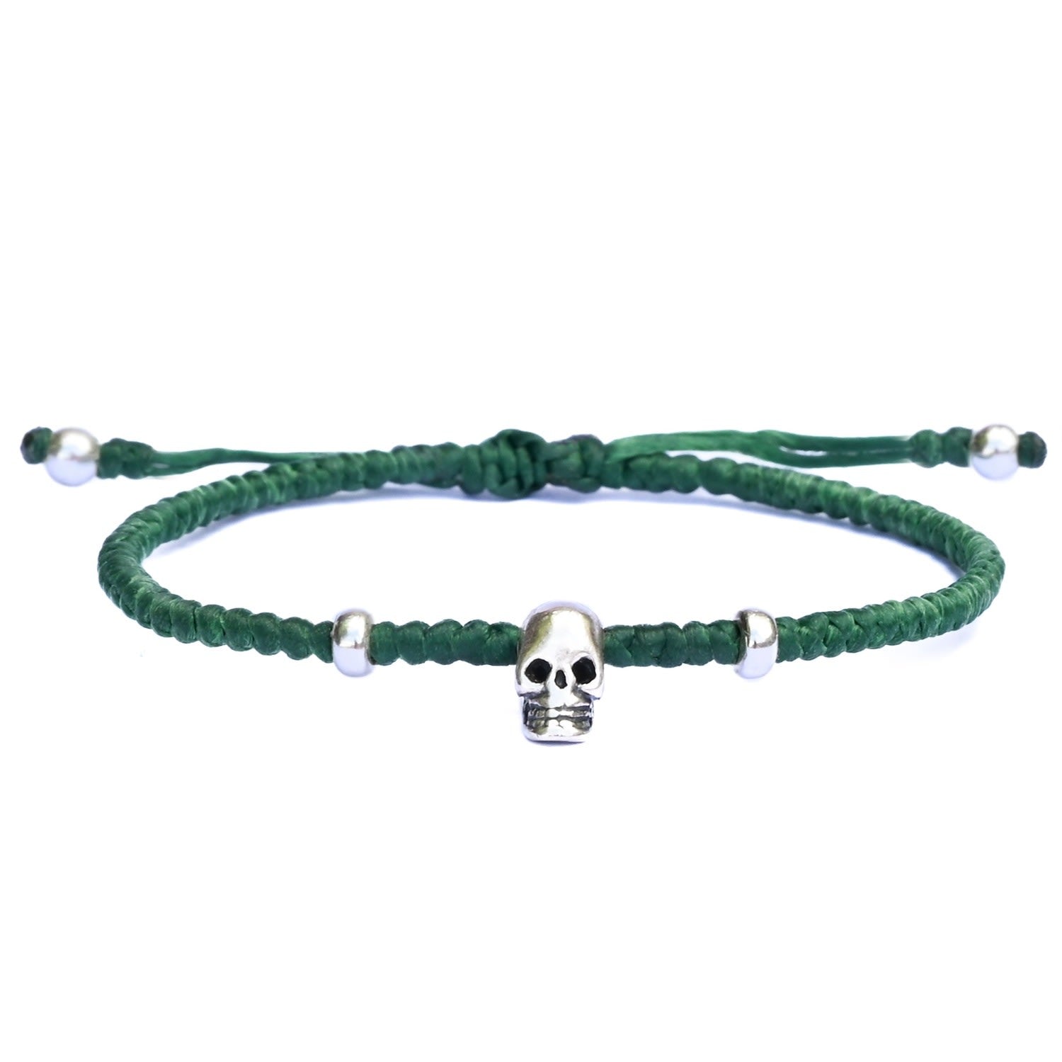 Sterling Silver & Vegan Cord Skull Green Bracelet For Women