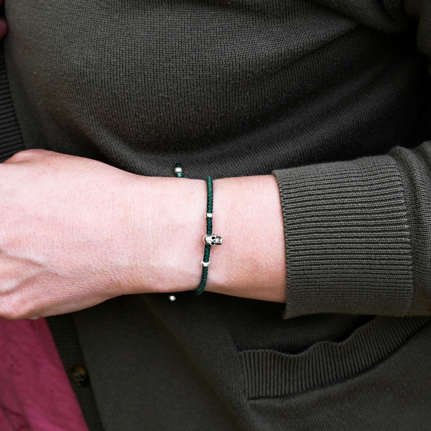 Sterling Silver & Vegan Cord Skull Green Bracelet For Women