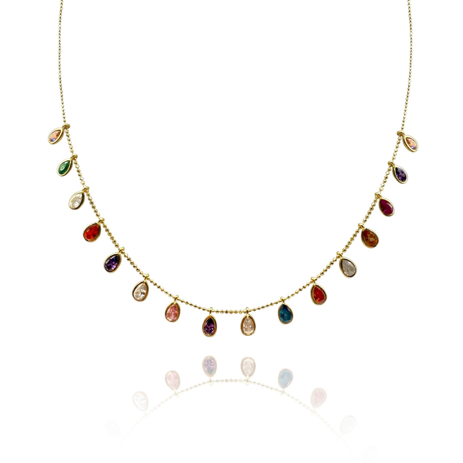 Sterling Silver Vermeil Necklace With Multi-Color Cubic Zirconium Pear Shape Drops