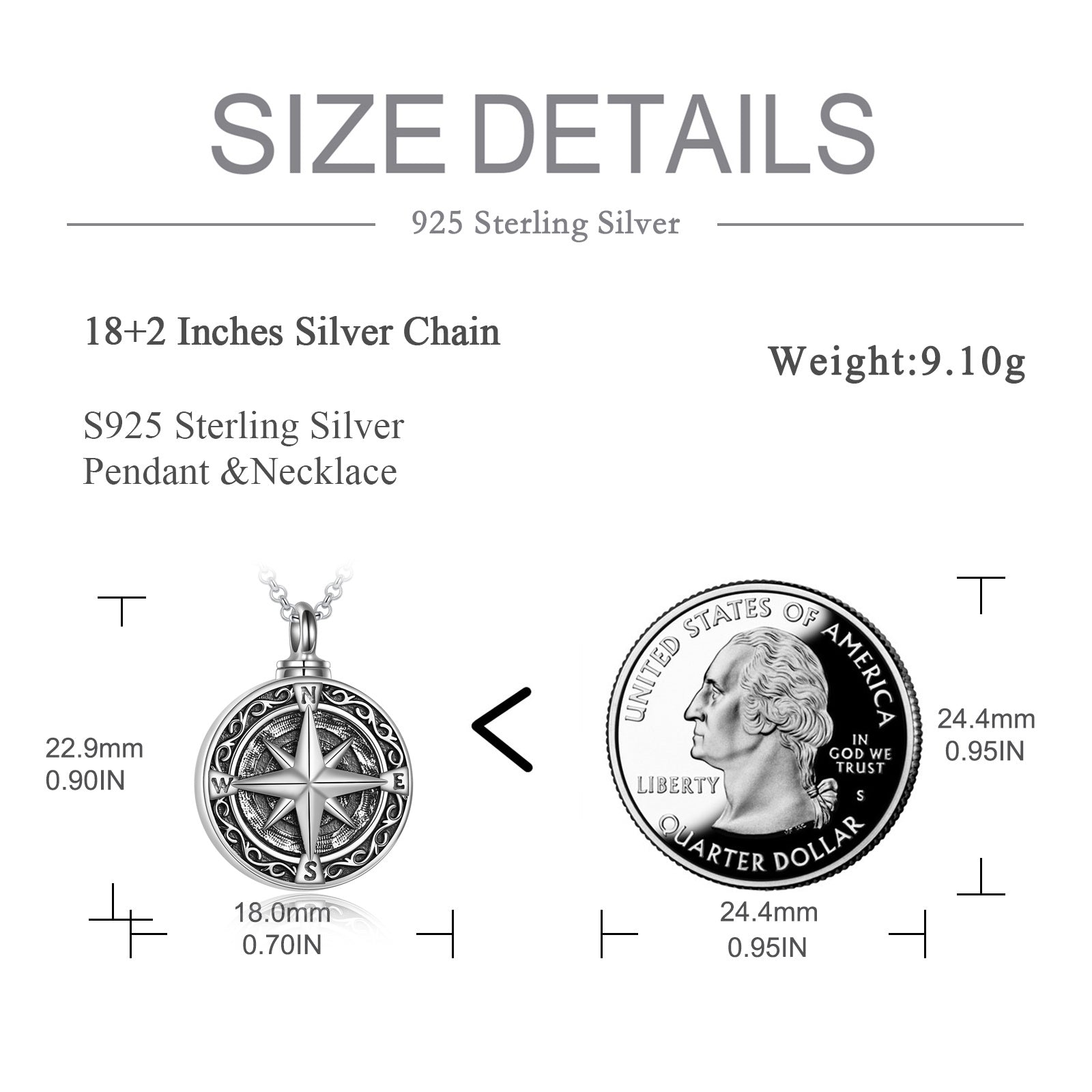 Sterling Silver Vintage Compass Urn Necklace for Ashes