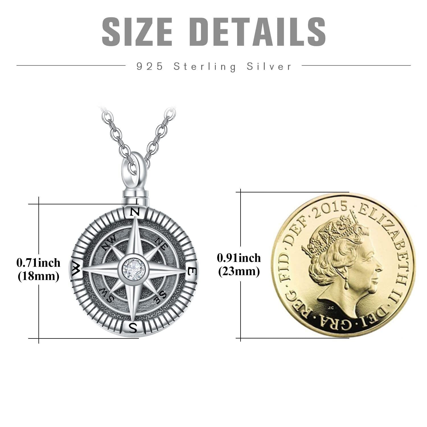 Sterling Silver Cubic Zirconia Vintage Compass Urn Necklace for Ashes