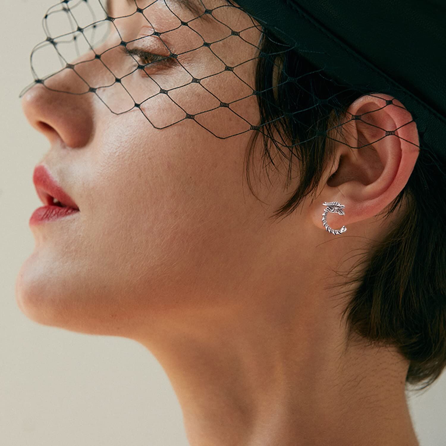 Sterling Silver Vintage Dragon Hoop Earrings