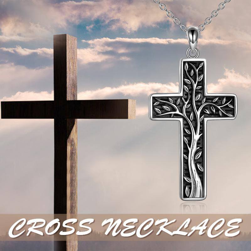 Sterling Silver Vintage Oxidized Tree Of Life & Cross Pendant Necklace