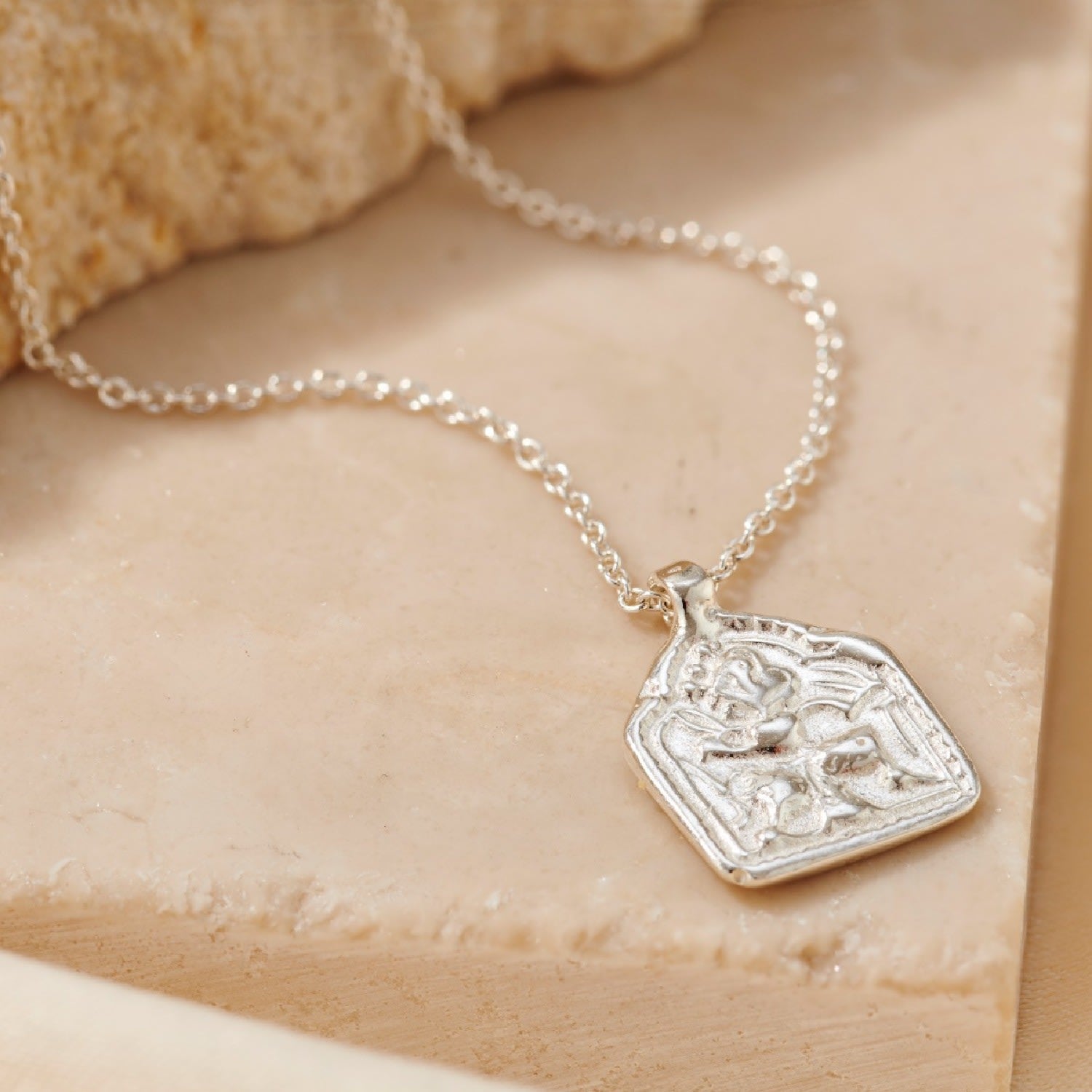 Sterling Silver Vintage Style Rounded Square Lucky Deity Charm Necklace