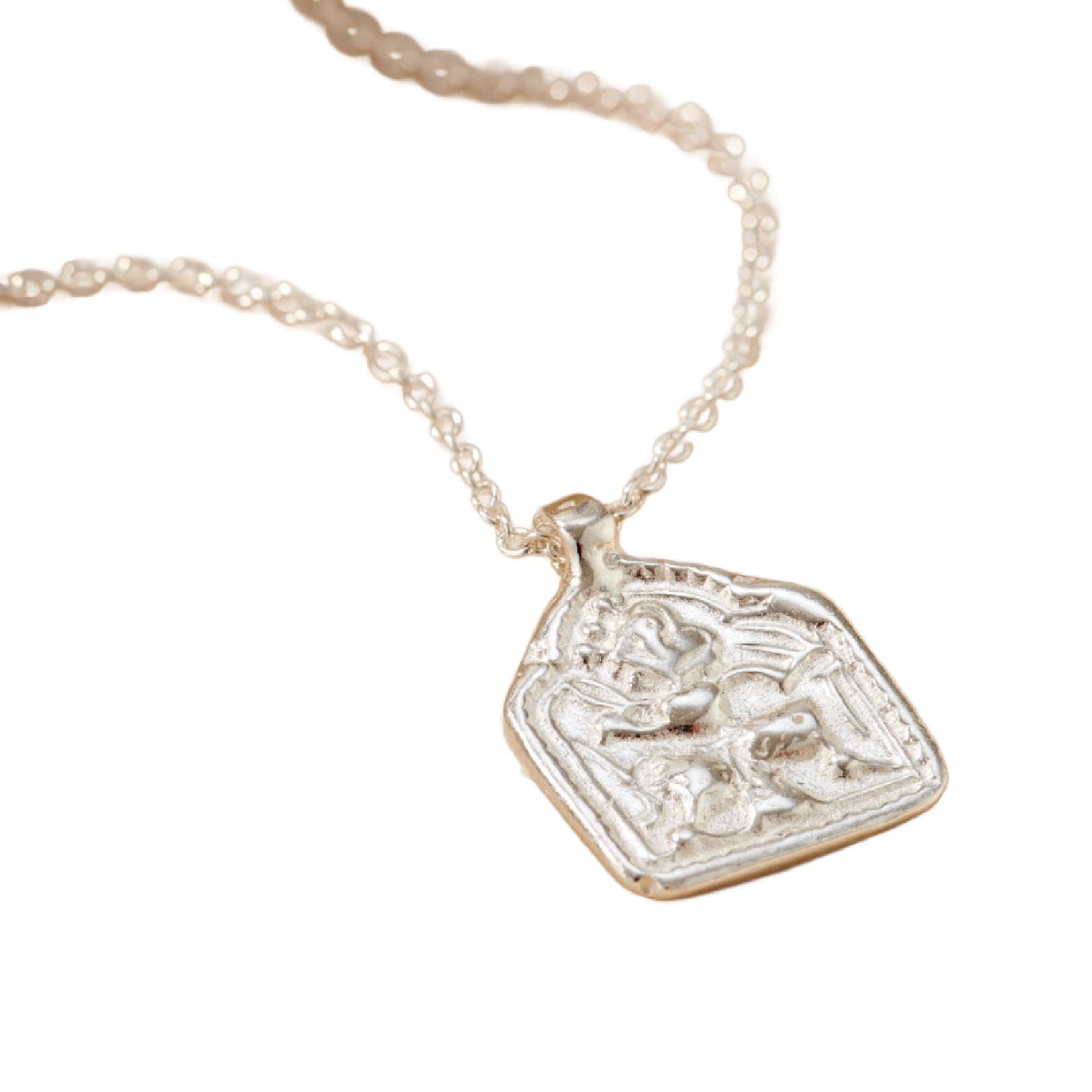 Sterling Silver Vintage Style Rounded Square Lucky Deity Charm Necklace