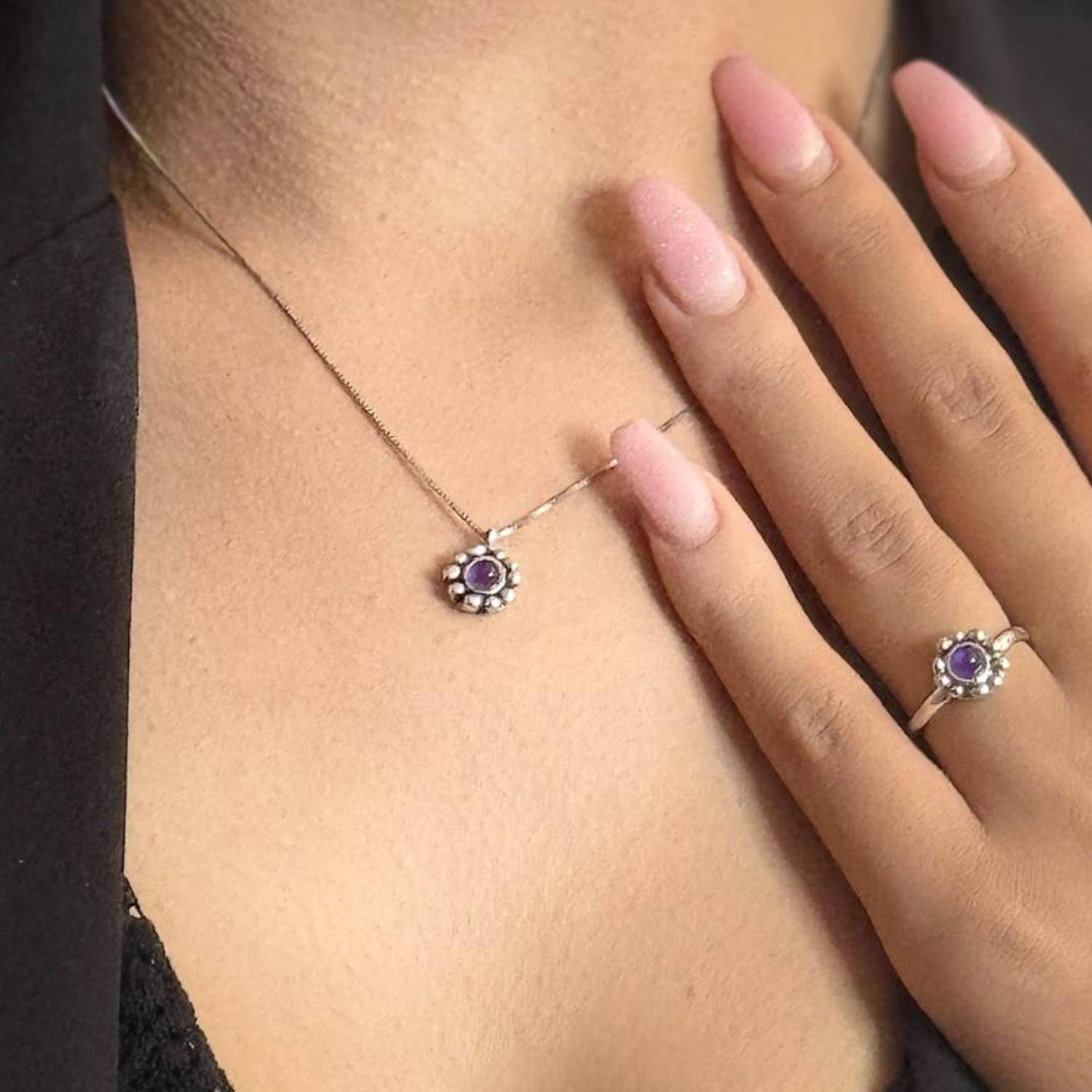 Sterling Silver Violet With Stone Ring – Symbolic, Nature-Inspired, Adjustable - Unaloe Handmade Ring For Women