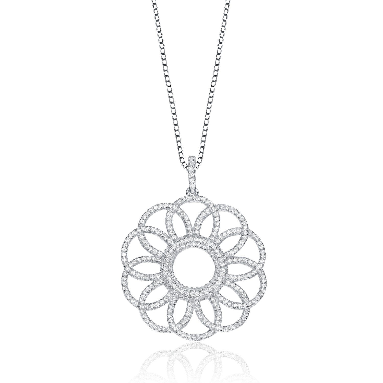 Sterling Silver White Cubic Zirconia Floral Pendant Necklace