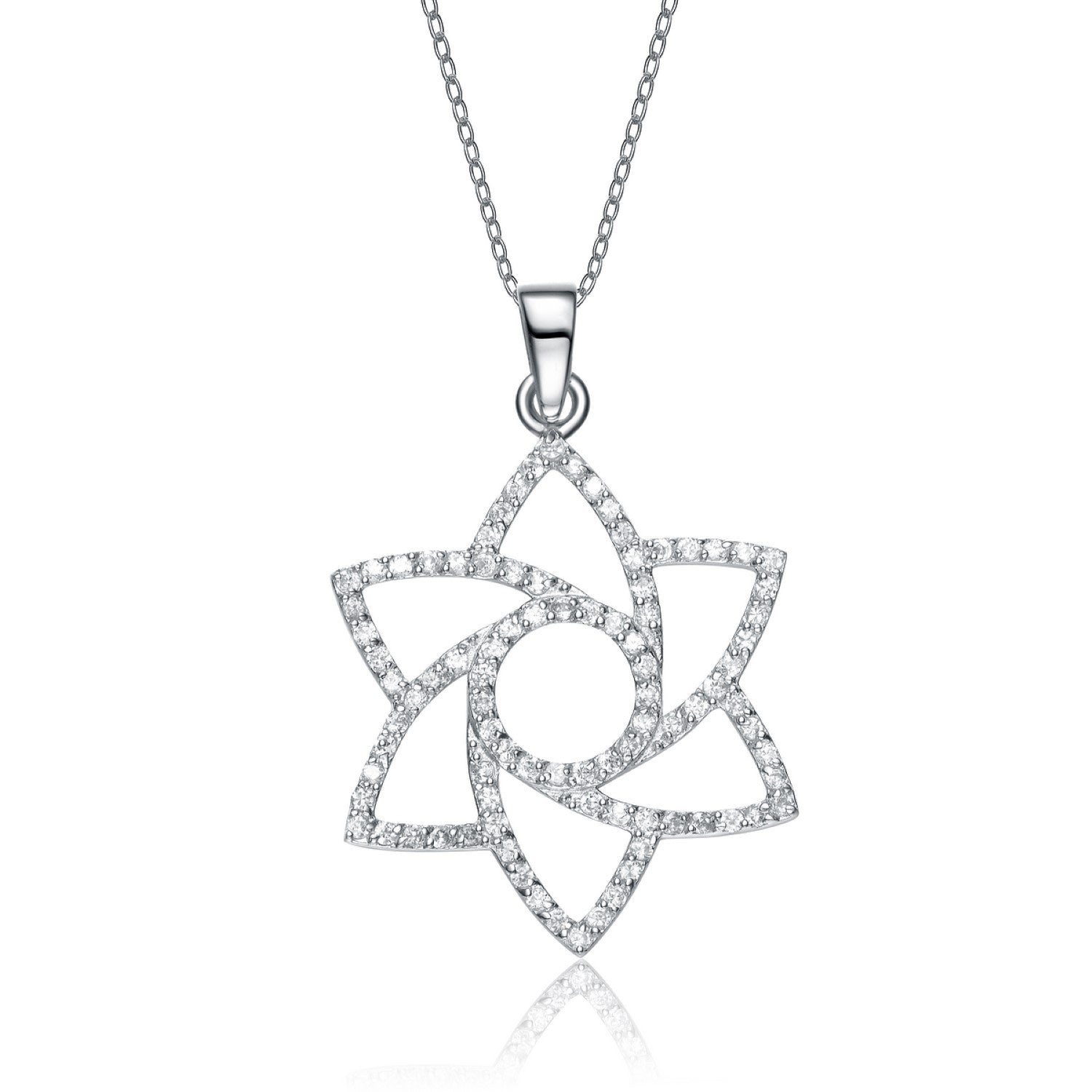 Sterling Silver White Gold Plated With Clear Cubic Zirconia Floral Pendant Necklace