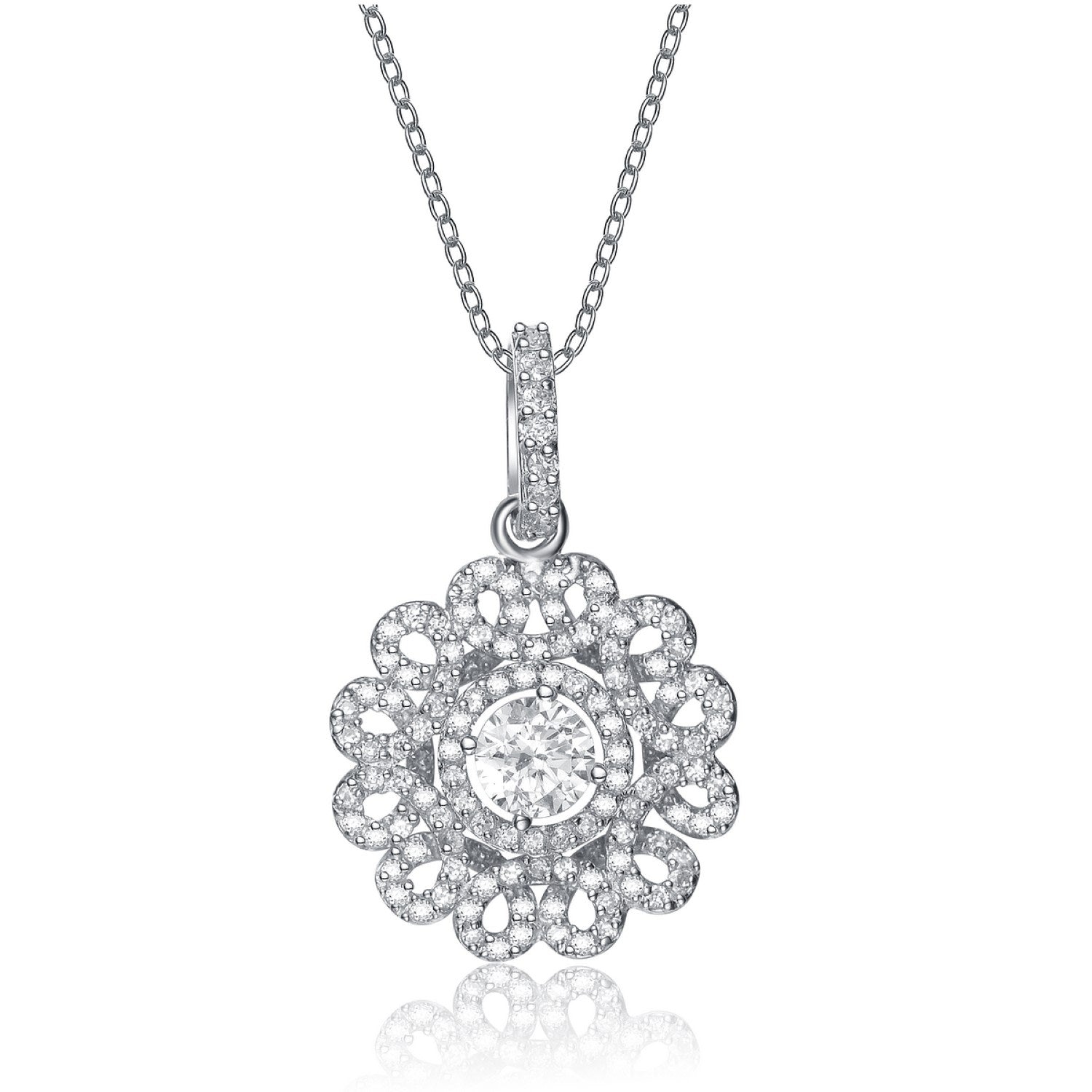 Sterling Silver White Cubic Zirconia Flower Pendant