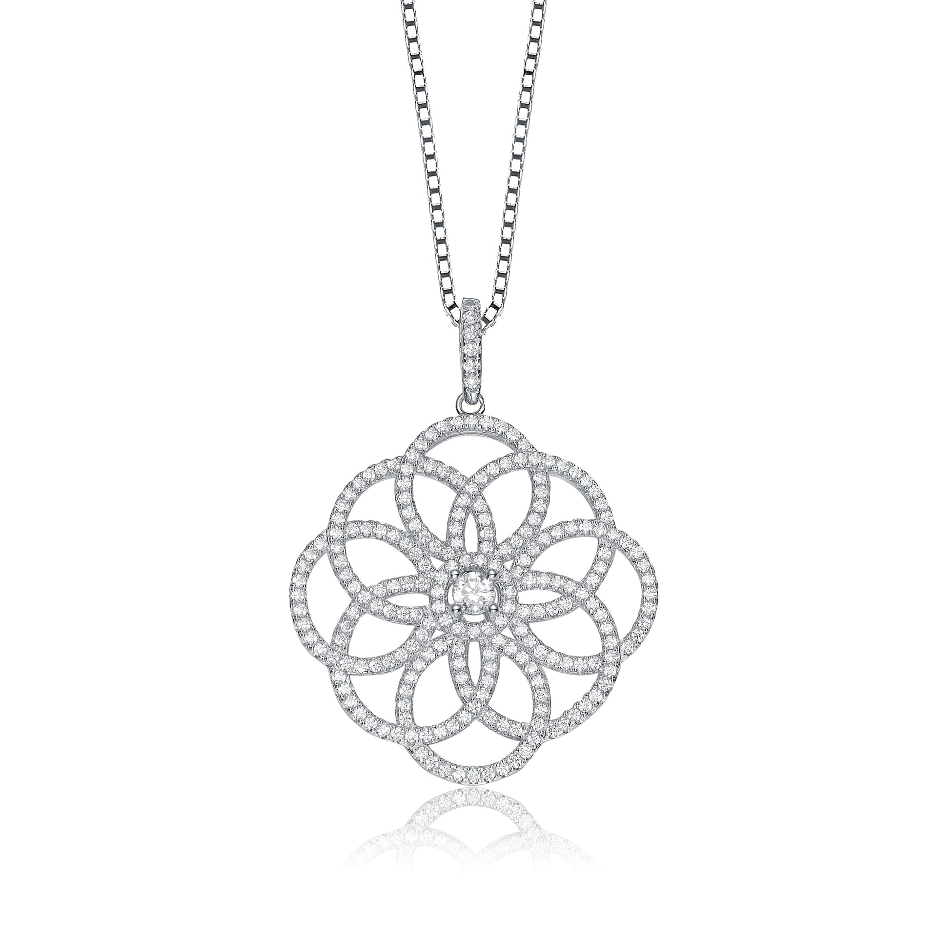 Sterling Silver White Cubic Zirconia Intricate Flower Pendant