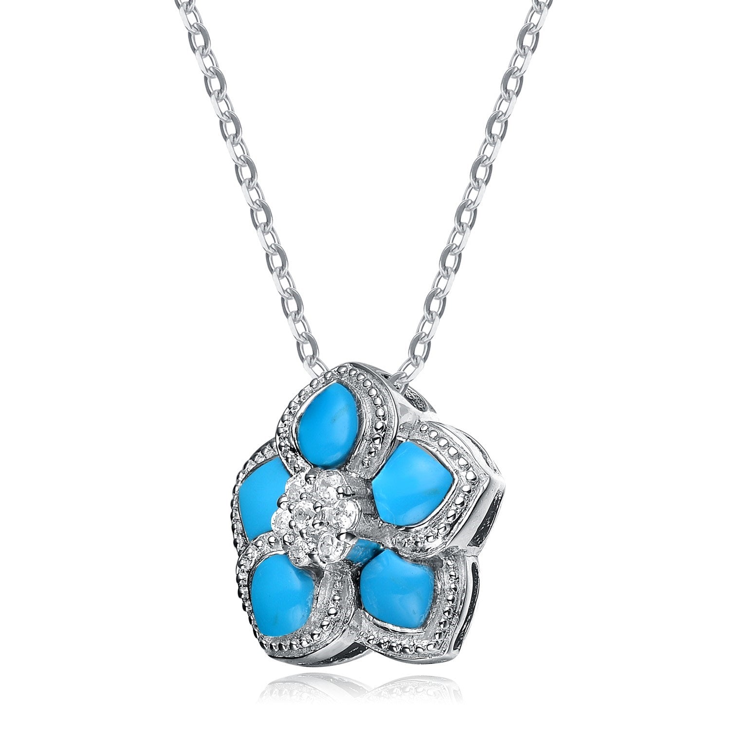 Sterling Silver White Cubic Zirconia Light Blue Flower Pendant
