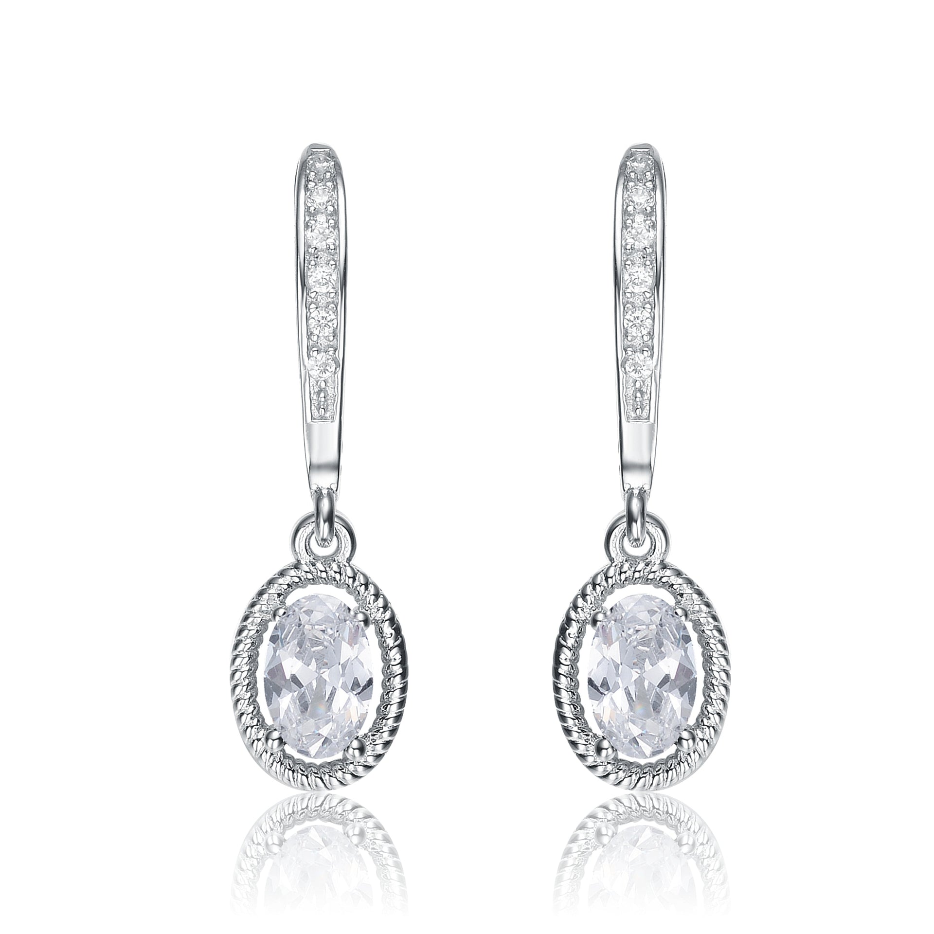 Sterling Silver White Cubic Zirconia Oval Dangling Earrings