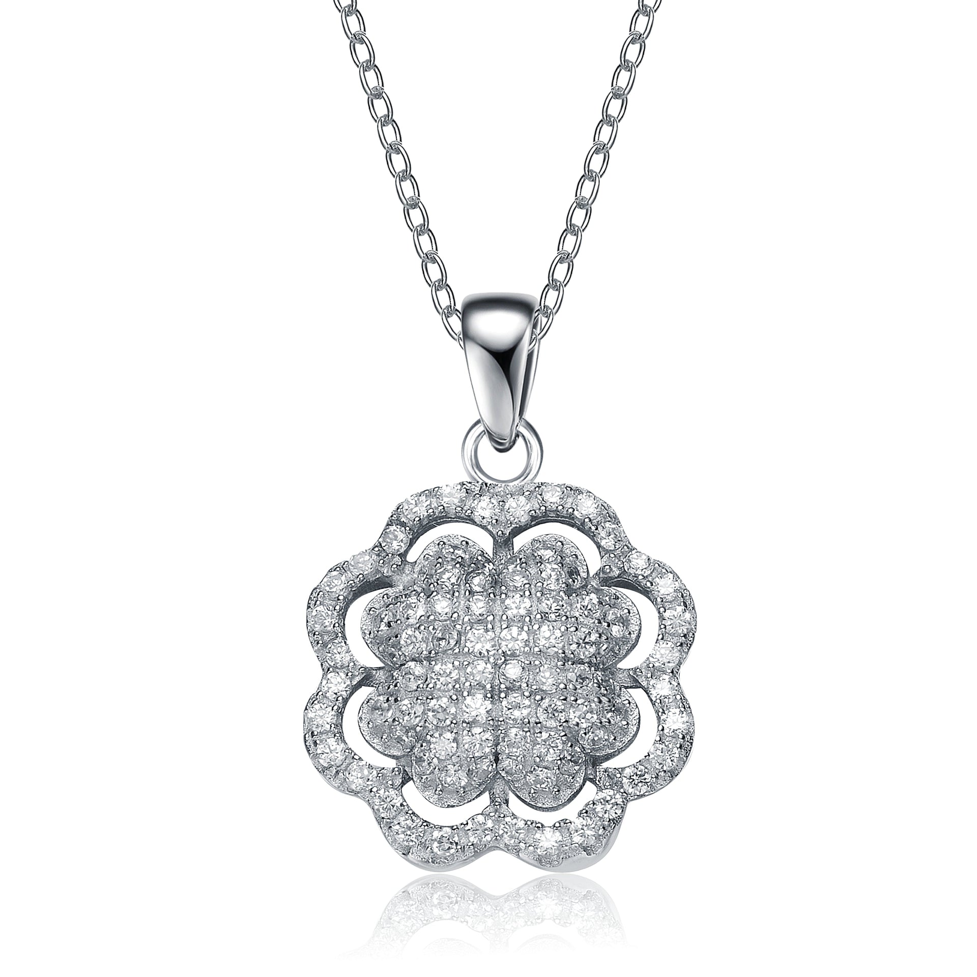Sterling Silver White Cubic Zirconia Flower Shape Pendant