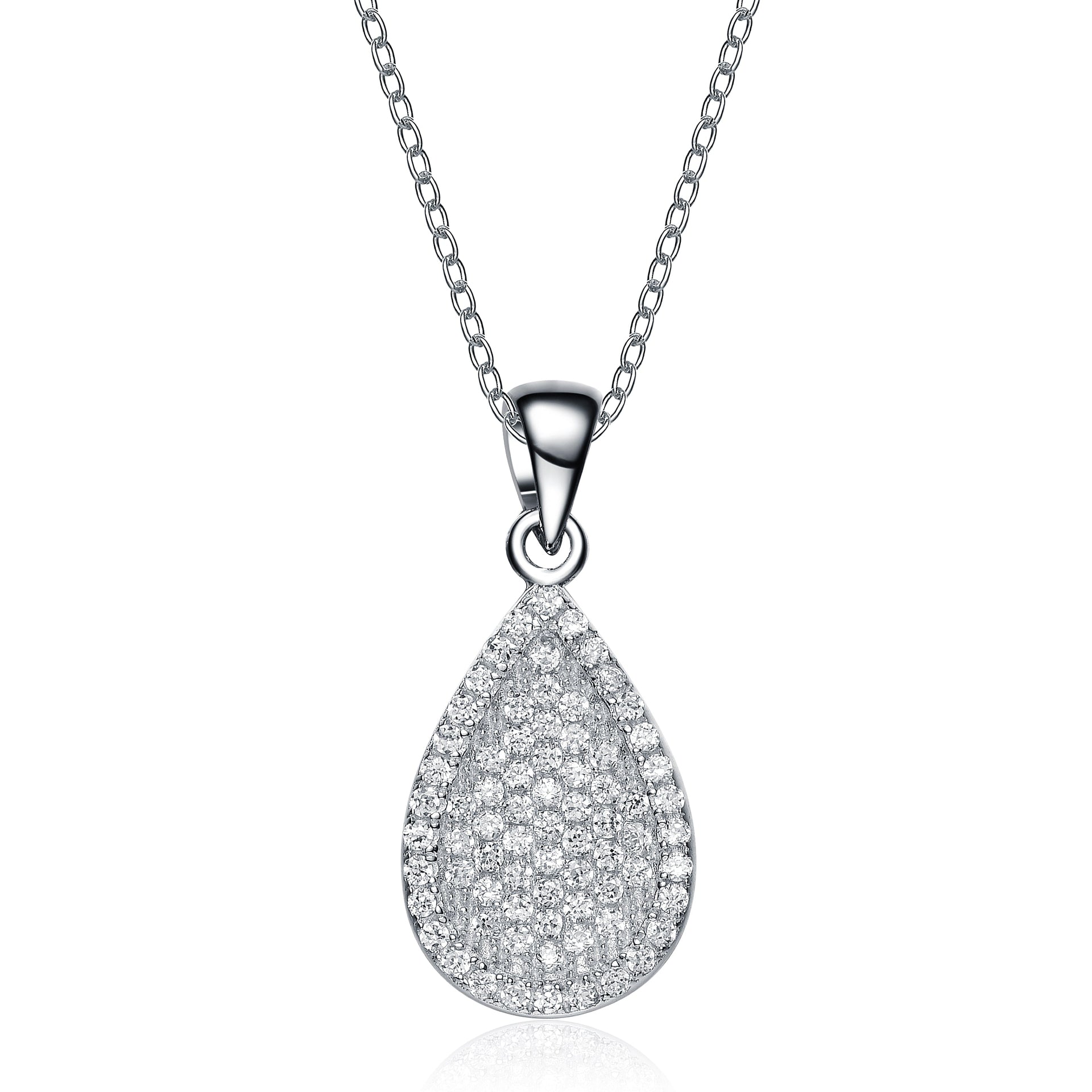 Sterling Silver White Gold Plated With Clear Cubic Zirconia Pear Drop Pendant