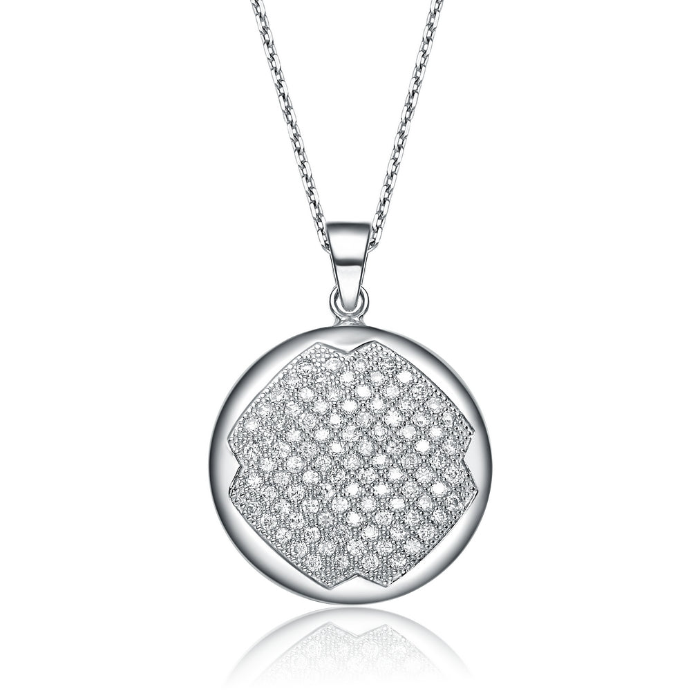 Sterling Silver White Gold Plated With Clear Cubic Zirconia Stones Round Pendant Necklace