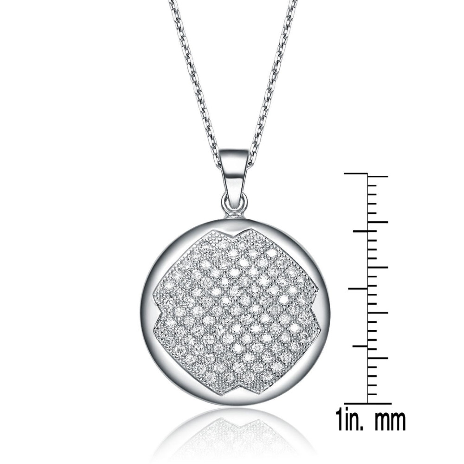 Sterling Silver White Gold Plated With Clear Cubic Zirconia Stones Round Pendant Necklace