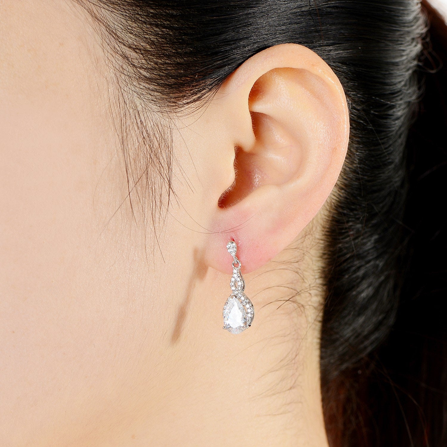 Sterling Silver White Gold Plated Clear Cubic Zirconia Drop Earrings