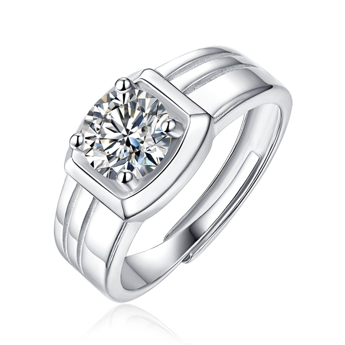 Stella Valentino Sterling Silver White Gold Plated With Round Lab Created Moissanite Solitaire Grooved Engagement Anniversary Adjustable Ring
