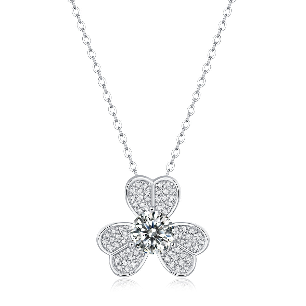 Stella Valentino Sterling Silver White Gold Plated With Lab Created Moissanite French Pave Blooming Flower Solitaire Pendant Necklace