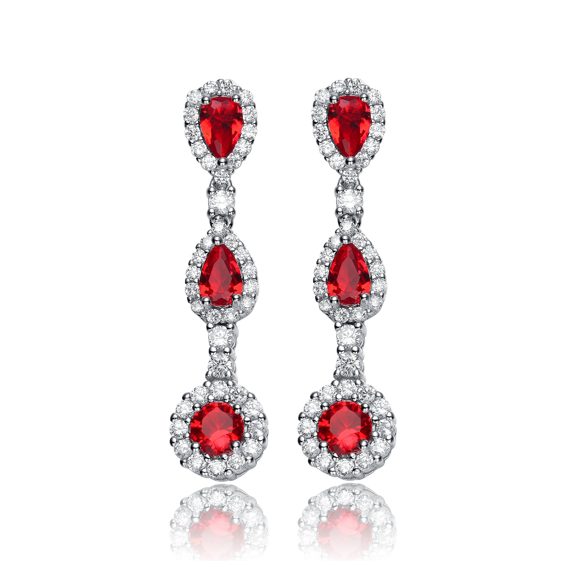 Sterling Silver White Gold Plated With Ruby Dangling Earrings