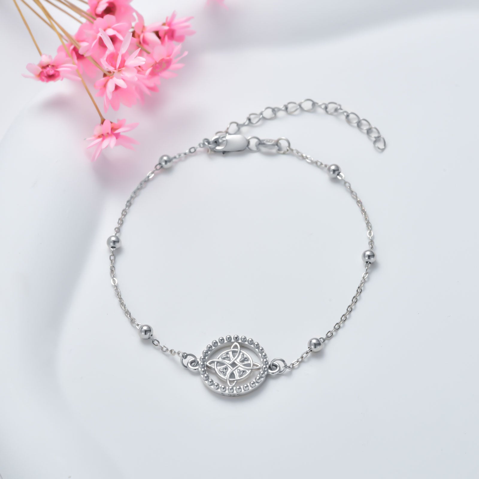 Sterling Silver Witch Knot Charm Bracelet with Bead Station Chain