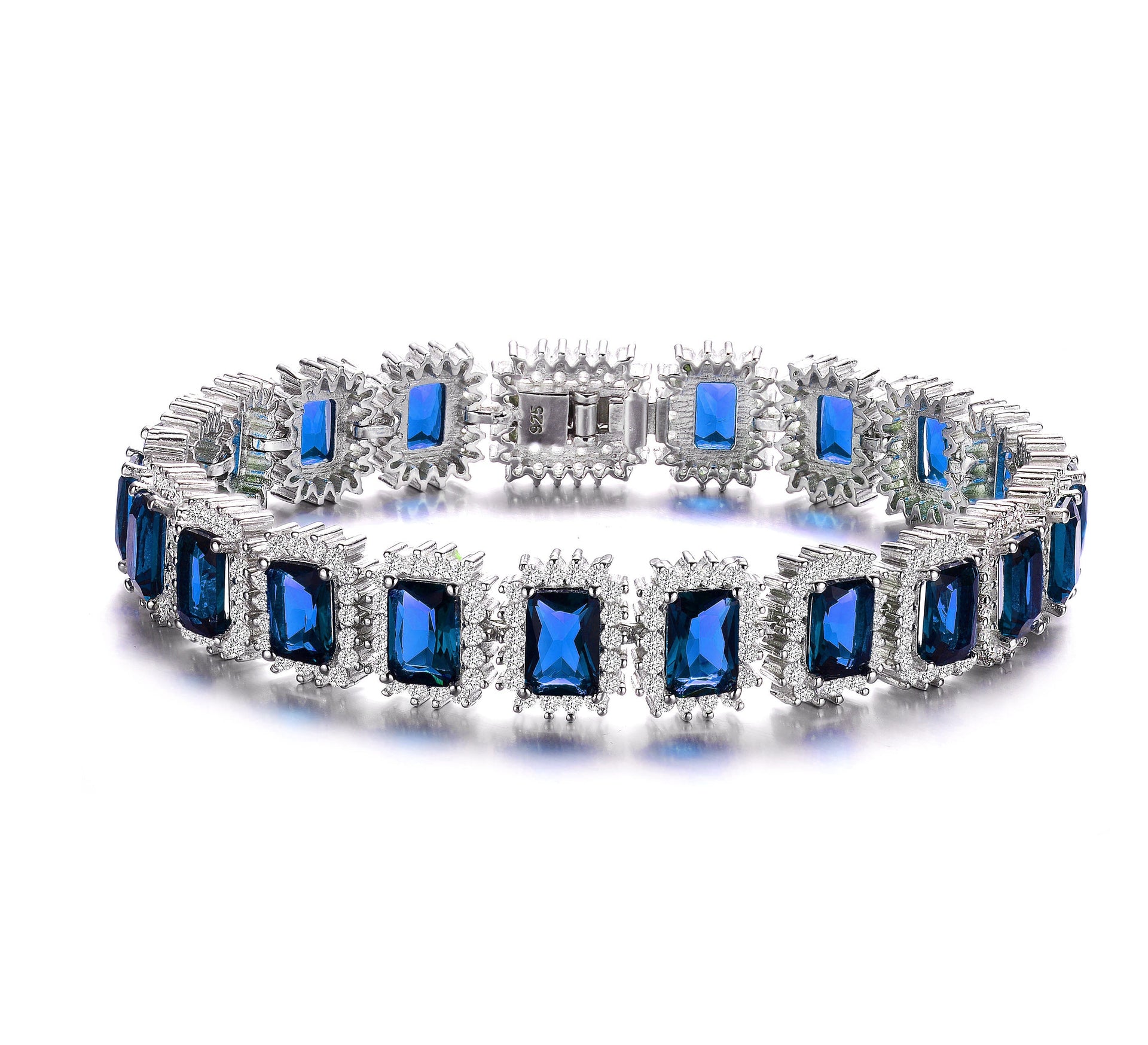 Rachel Glauber White Gold Plated With Blue Sapphire & Cubic Zirconia Rectangular Halo Cluster Link Vintage Tennis Bracelet