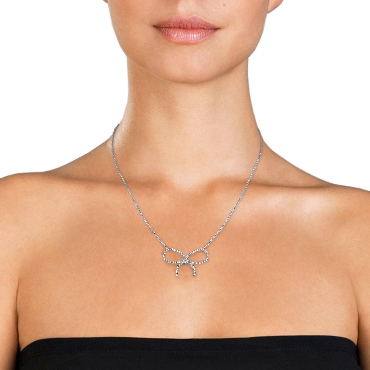 Sterling Silver With Clear Cubic Zirconia Bow Tie Necklace