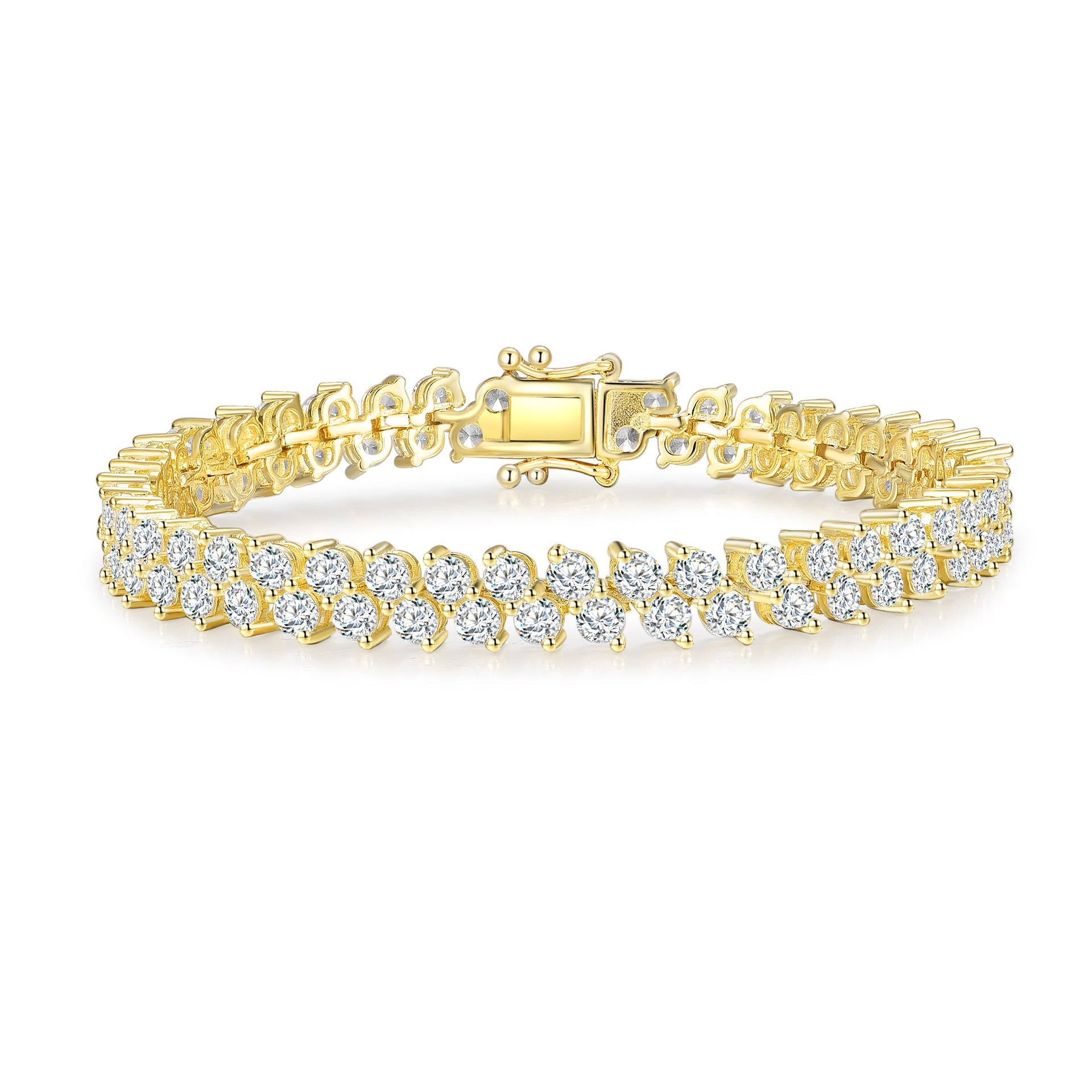 Sterling Silver Gold Plated With Cubic Zirconia Icicle Cluster Double Row Tennis Bracelet