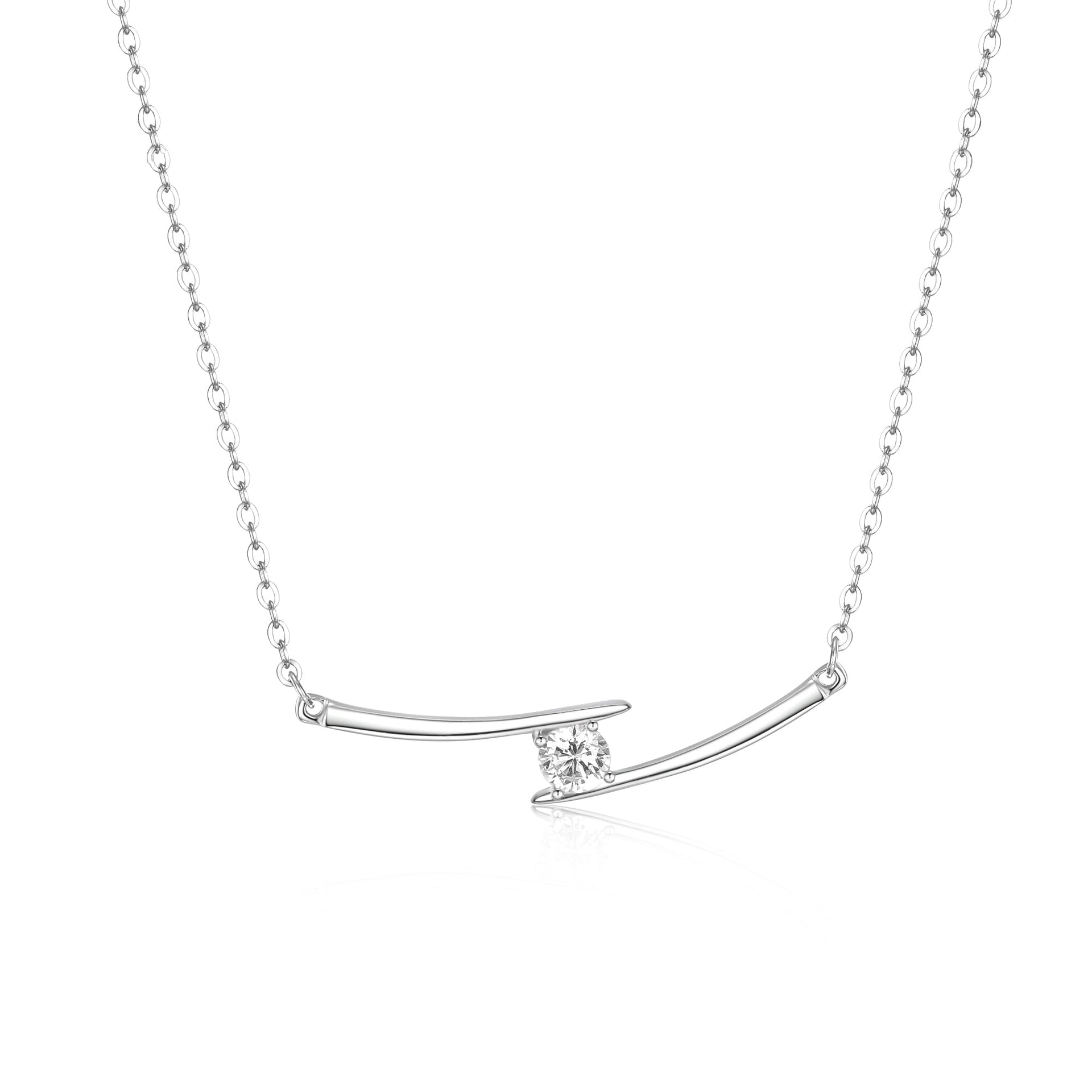 Sterling Silver With Cubic Zirconia Solitaire Double Bar Pendant Necklace