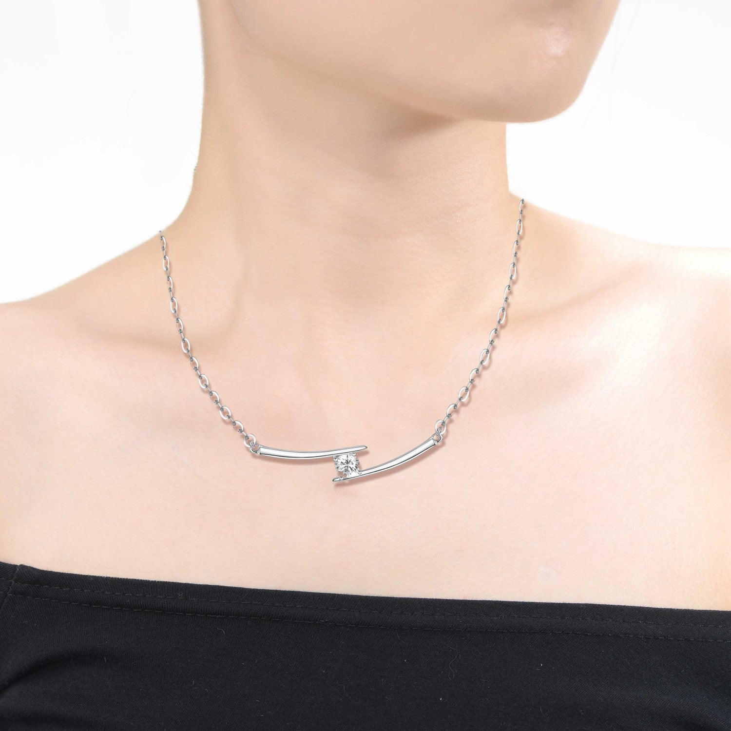 Sterling Silver With Cubic Zirconia Solitaire Double Bar Pendant Necklace