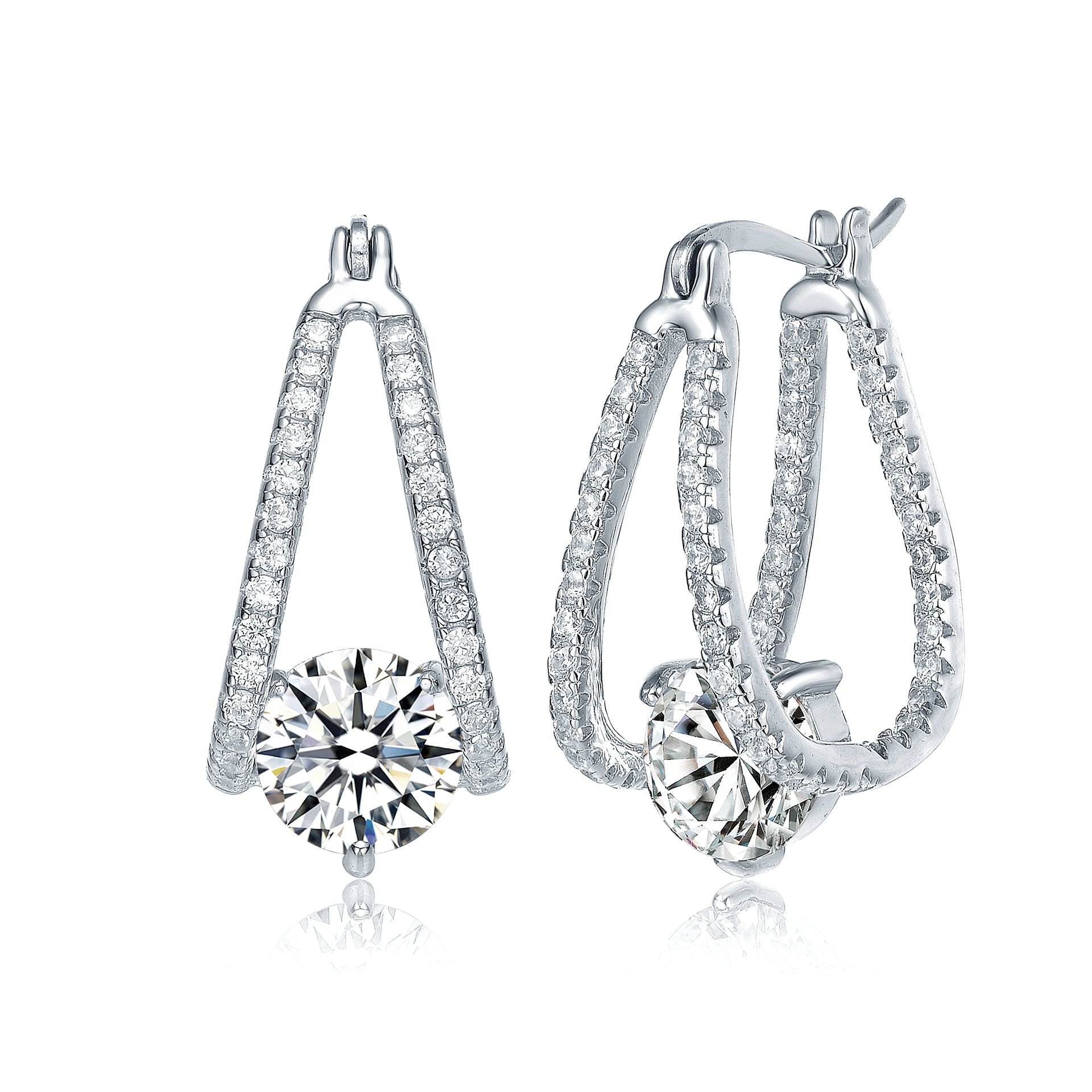 White Gold Plated With Clear Cubic Zirconia Solitaire Double Trapeze Inside-Out Oblong Hoop Earrings