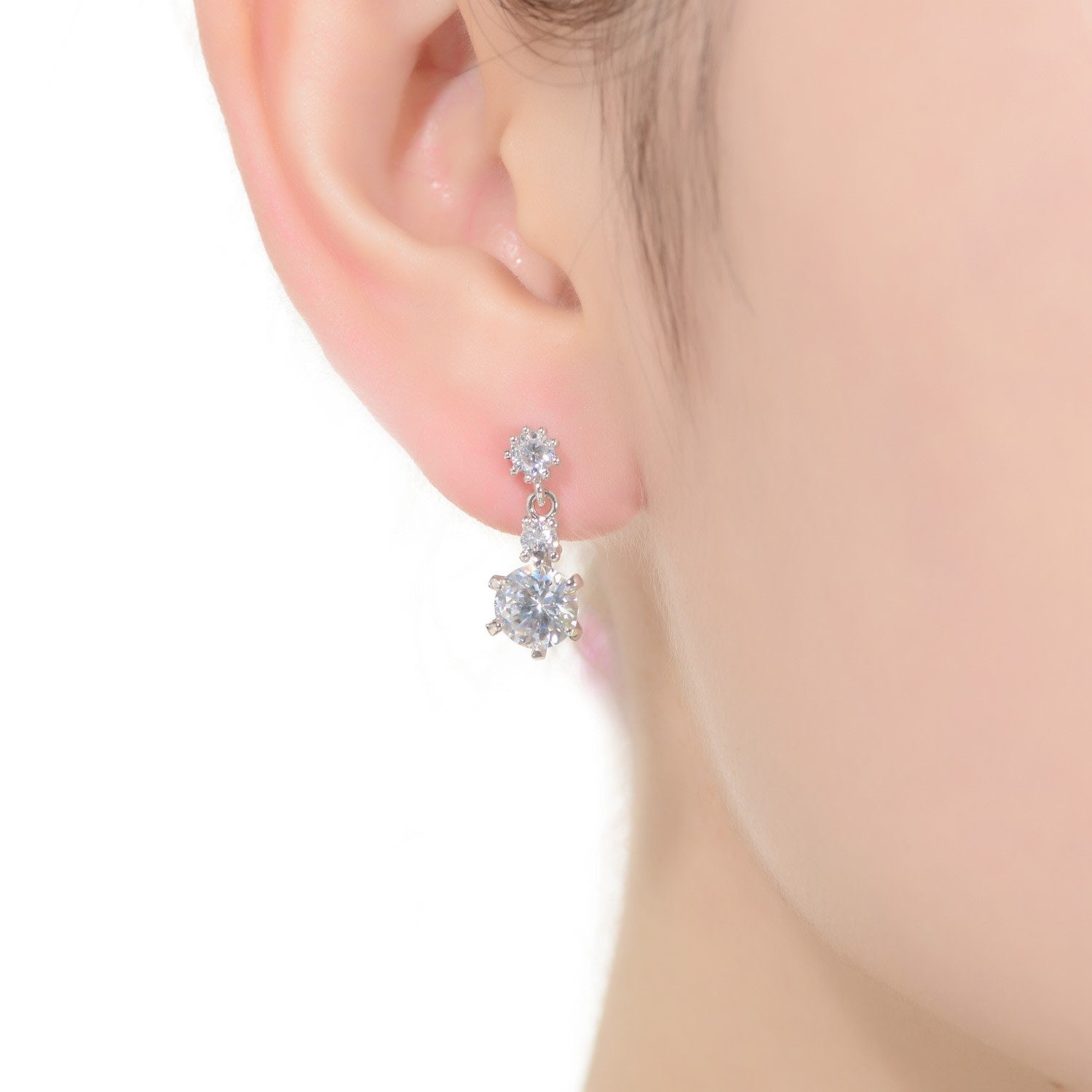 Sterling Silver White Gold Plated With Clear Round Cubic Zirconia Three-Stone Drop Earrings