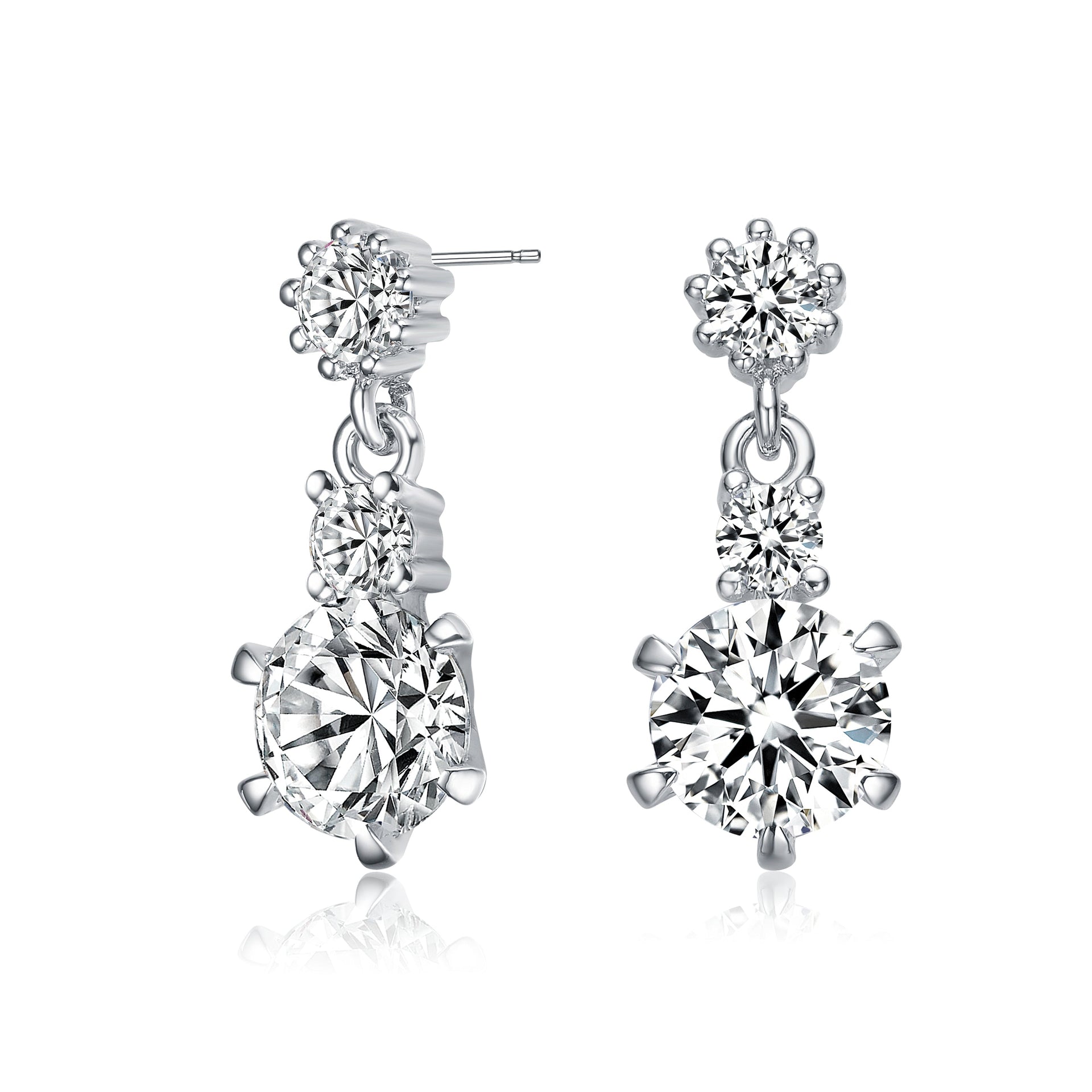 Sterling Silver White Gold Plated With Clear Round Cubic Zirconia Three-Stone Drop Earrings