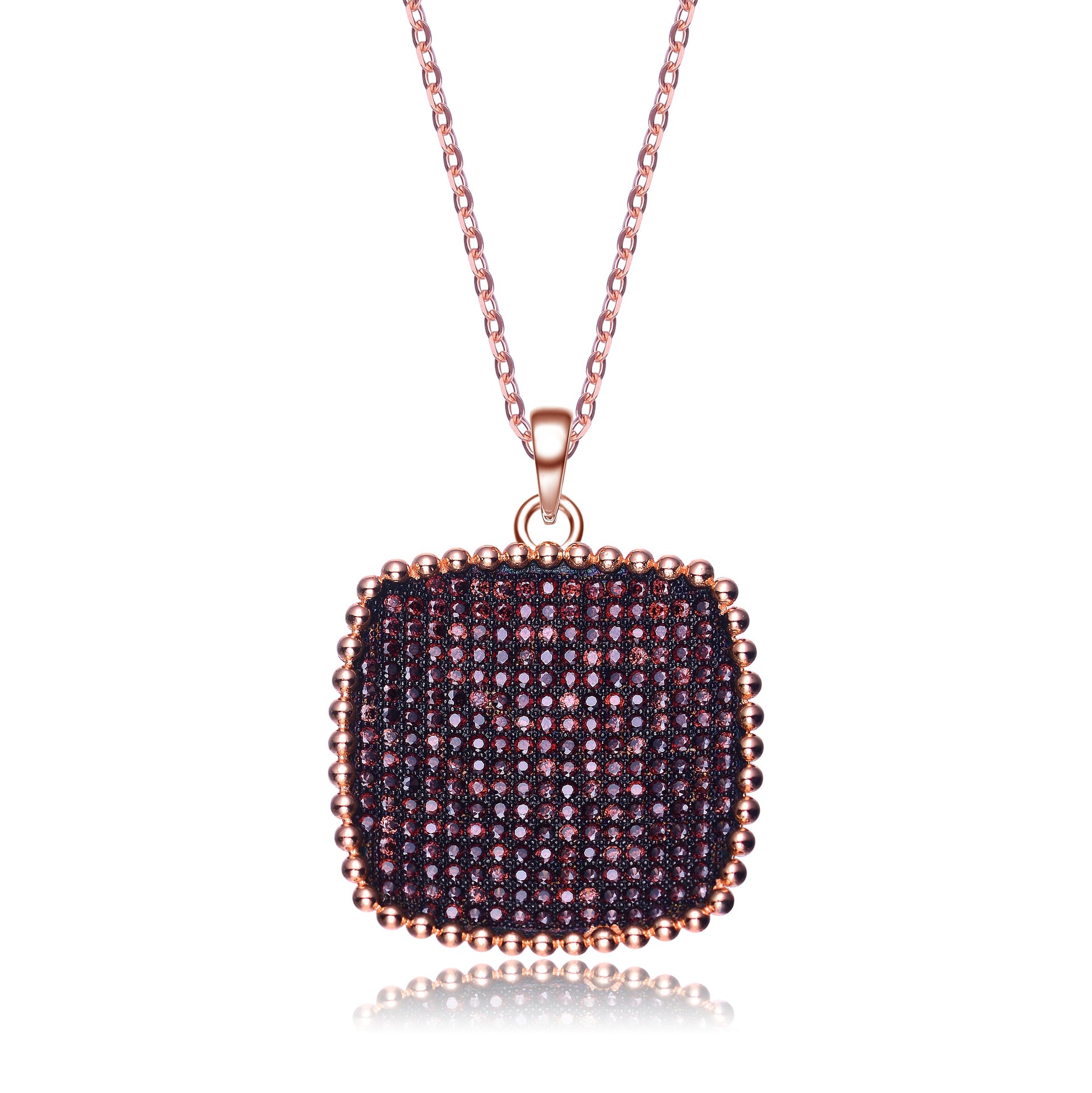 Sterling Silver With Rose Gold Plated Ball Halo With Coffee Round Cubic Zirconias Pave Set Square Necklace