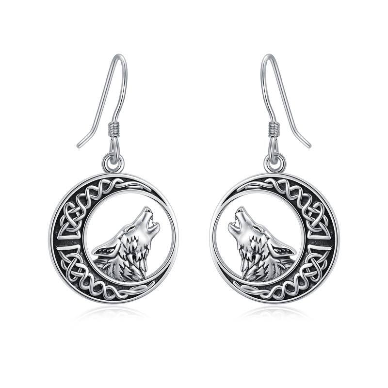 Sterling Silver Wolf & Celtic Knot Moon Hoop Earrings For Women