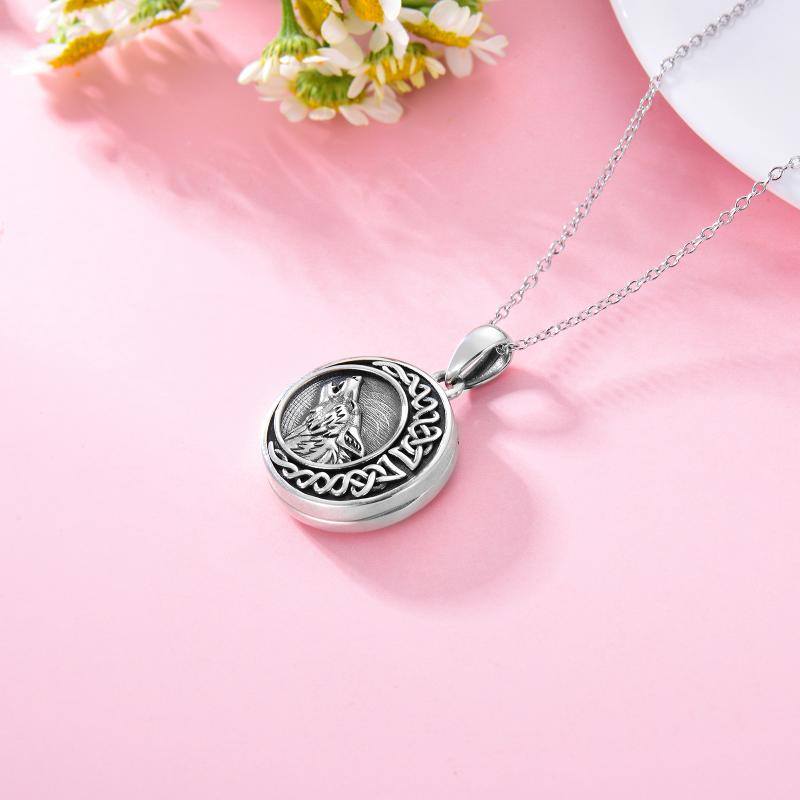 Sterling Silver Wolf & Celtic Knot Moon Personalized Photo Locket Necklace