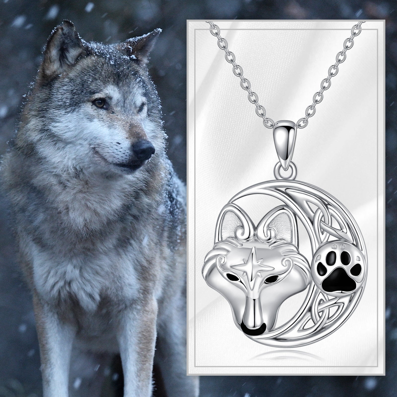 Sterling Silver Wolf With Celtic Knot Viking Rune Pendant Necklace For Women