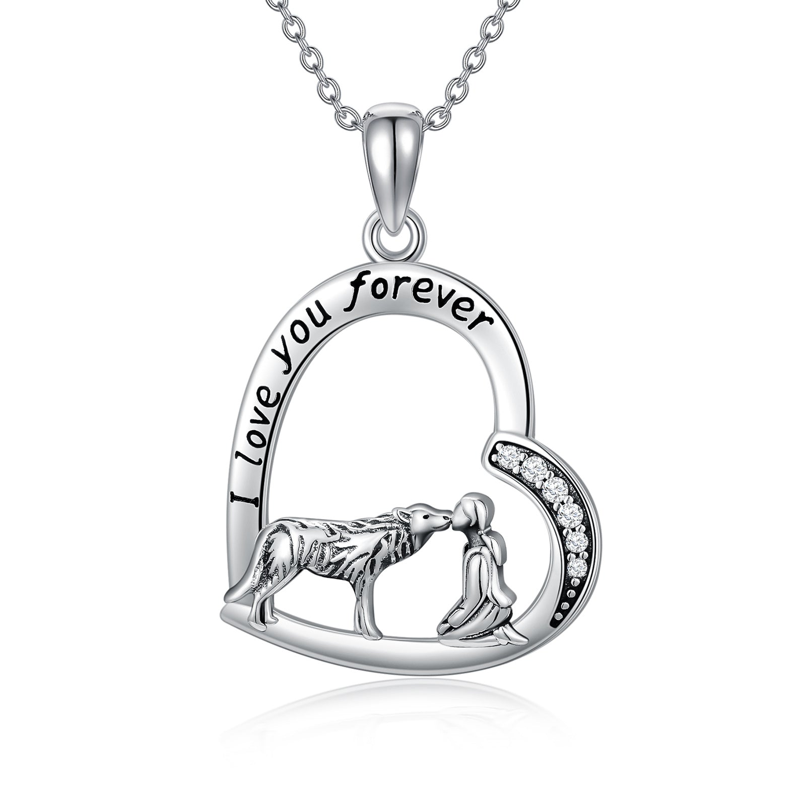 Sterling Silver Cubic Zirconia Wolf & Heart Pendant Necklace with Engraved Word