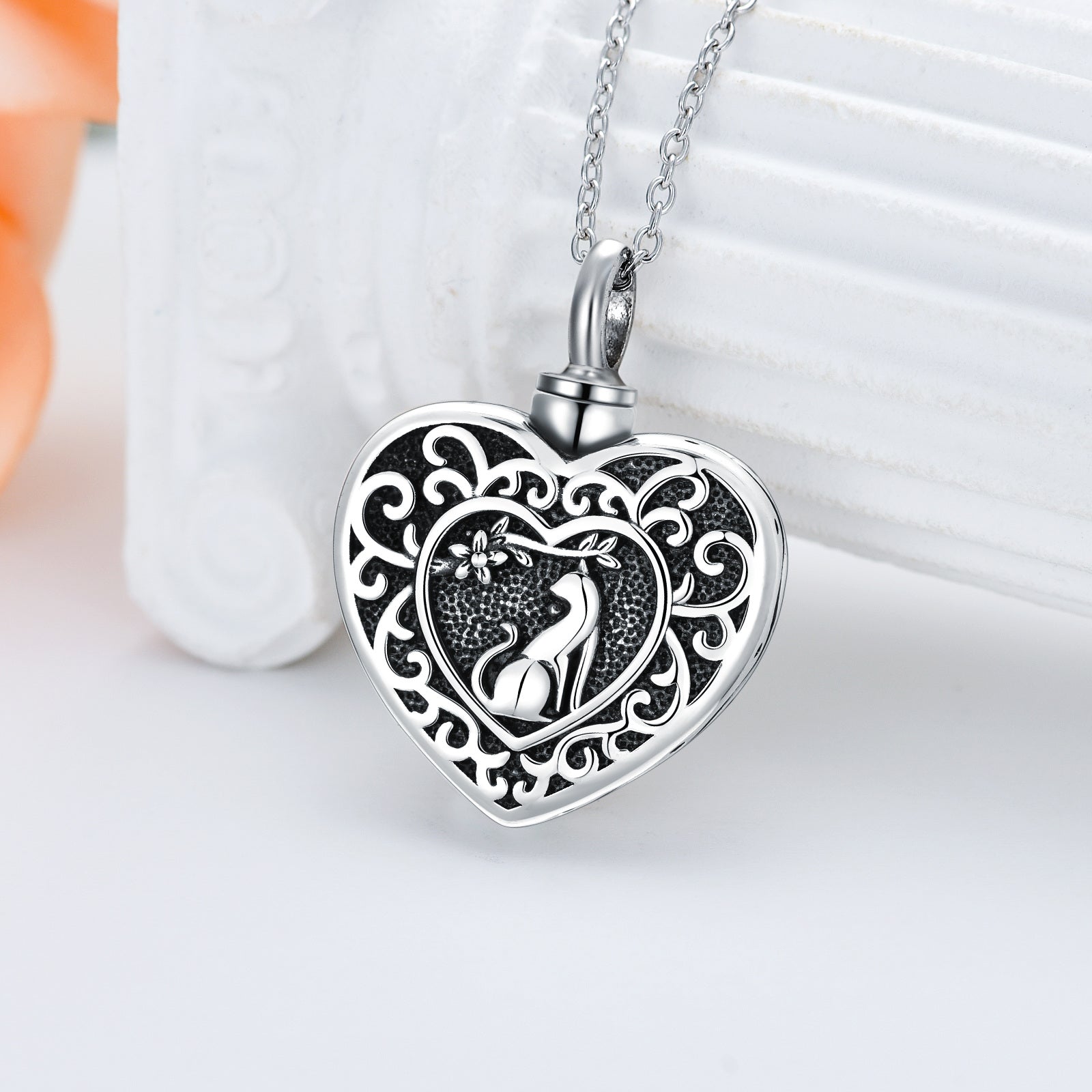 Sterling Silver Wolf & Heart Urn Necklace for Ashes with Engraved Word