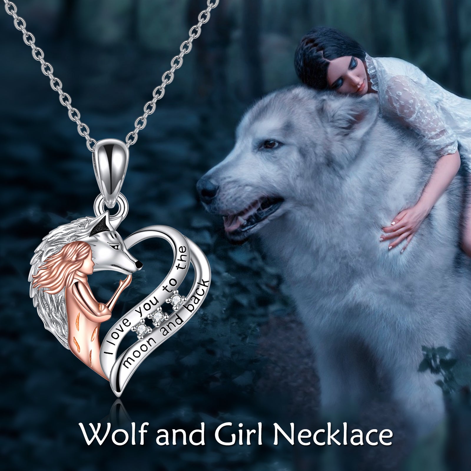 Sterling Silver Two-tone Wolf & Heart Engraved Necklace for Women