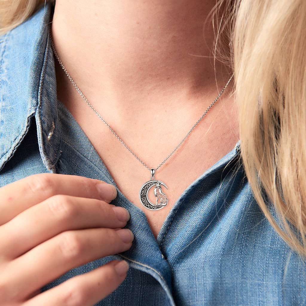 Sterling Silver Wolf & Moon Pendant Necklace