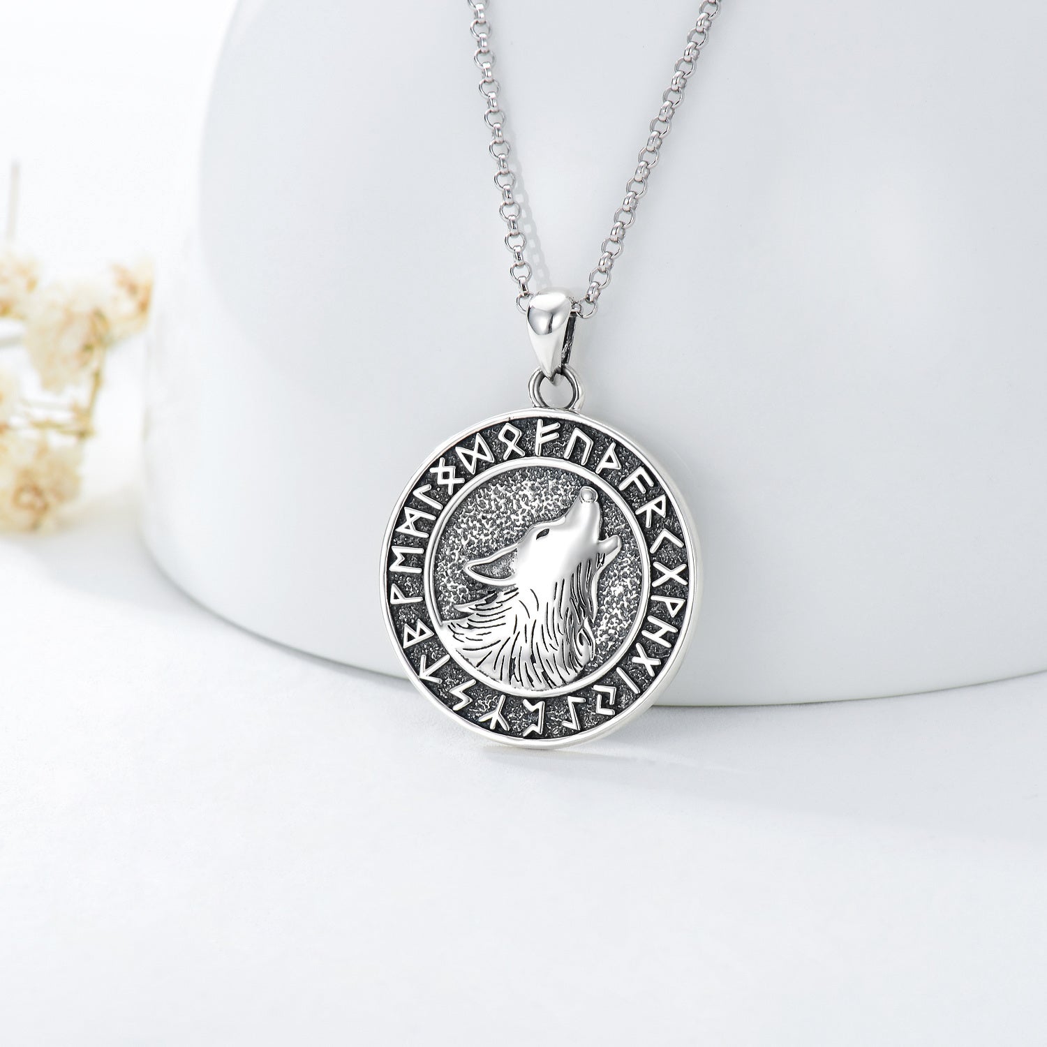 Sterling Silver Wolf & Viking Rune Coin Pendant Necklace